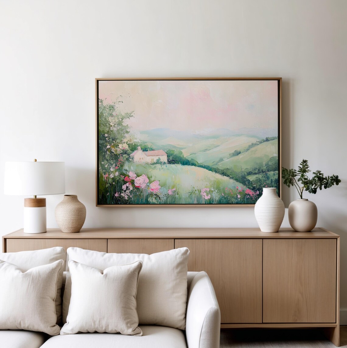 Soft Pastel Farmhouse Nestled in Rolling Green Hills Art Poster