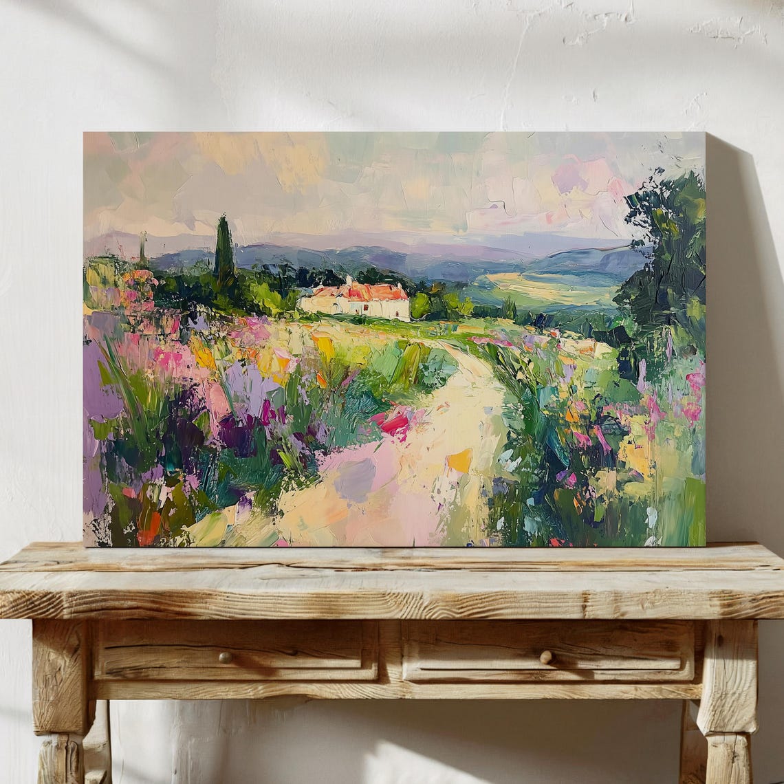 Wildflower Path Leading to a Sunlit Hillside Village Art Poster