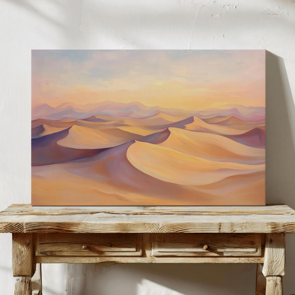 Vast Desert Sand Dunes at Sunrise in Warm Pastel Tones Poster