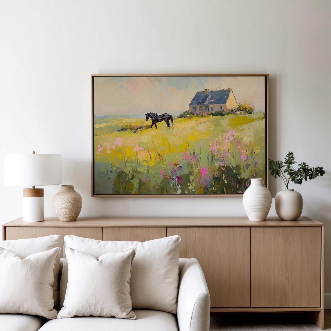 Black Horse by a Stone Cottage in a Sunny Flower Meadow Poster - Image 4