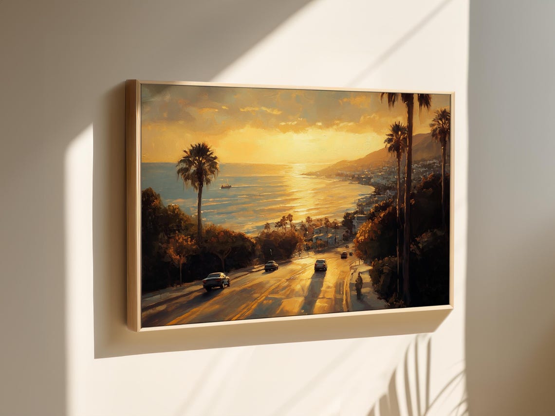 California Coast Sunset Over a Palm Lined Beach Town Scene Poster - Image 3