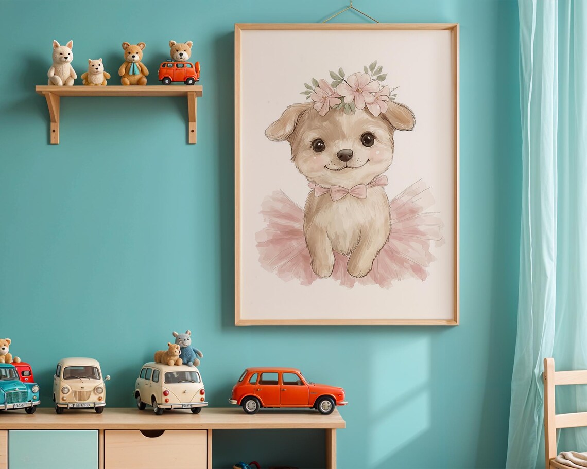 Sweet Ballerina Puppy Watercolor Nursery Wall Art Pink Tutu Crown - Image 3