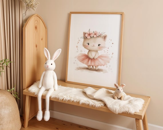 Gentle Kitten Ballerina with Pink Flower Crown Nursery Art Poster