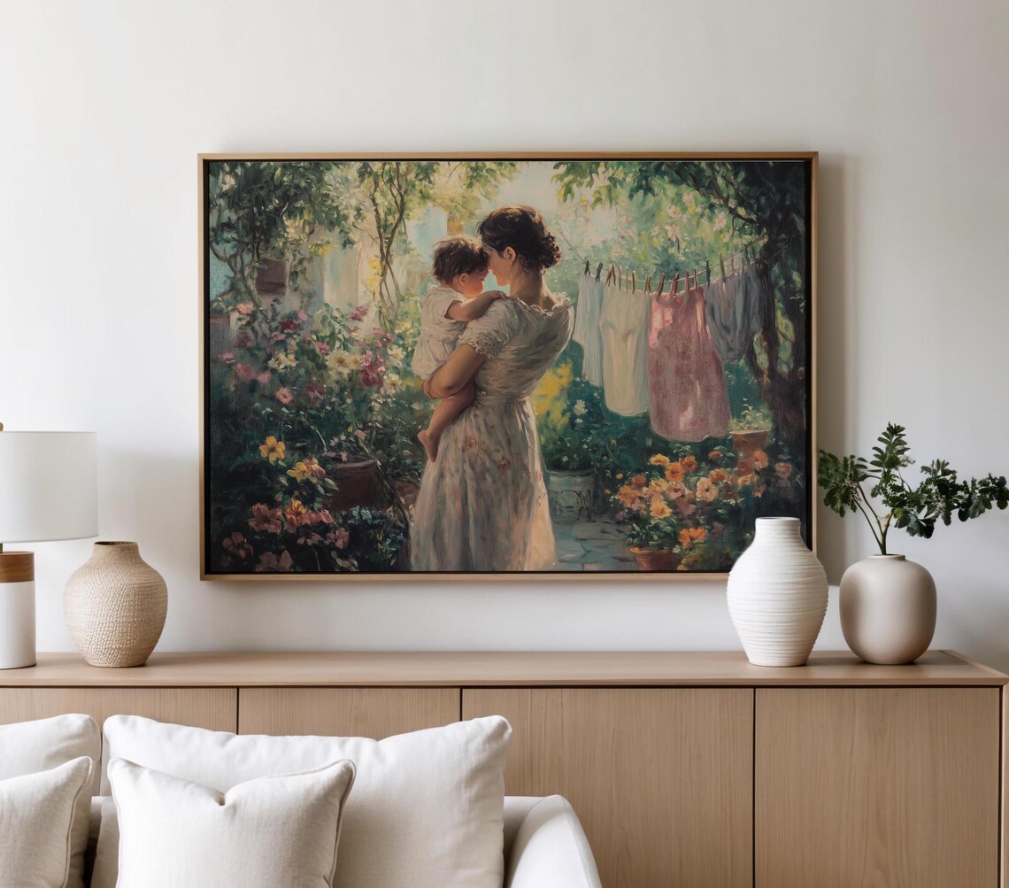 Tender Mother and Child in Garden Laundry Line Vintage Wall Art - Image 5