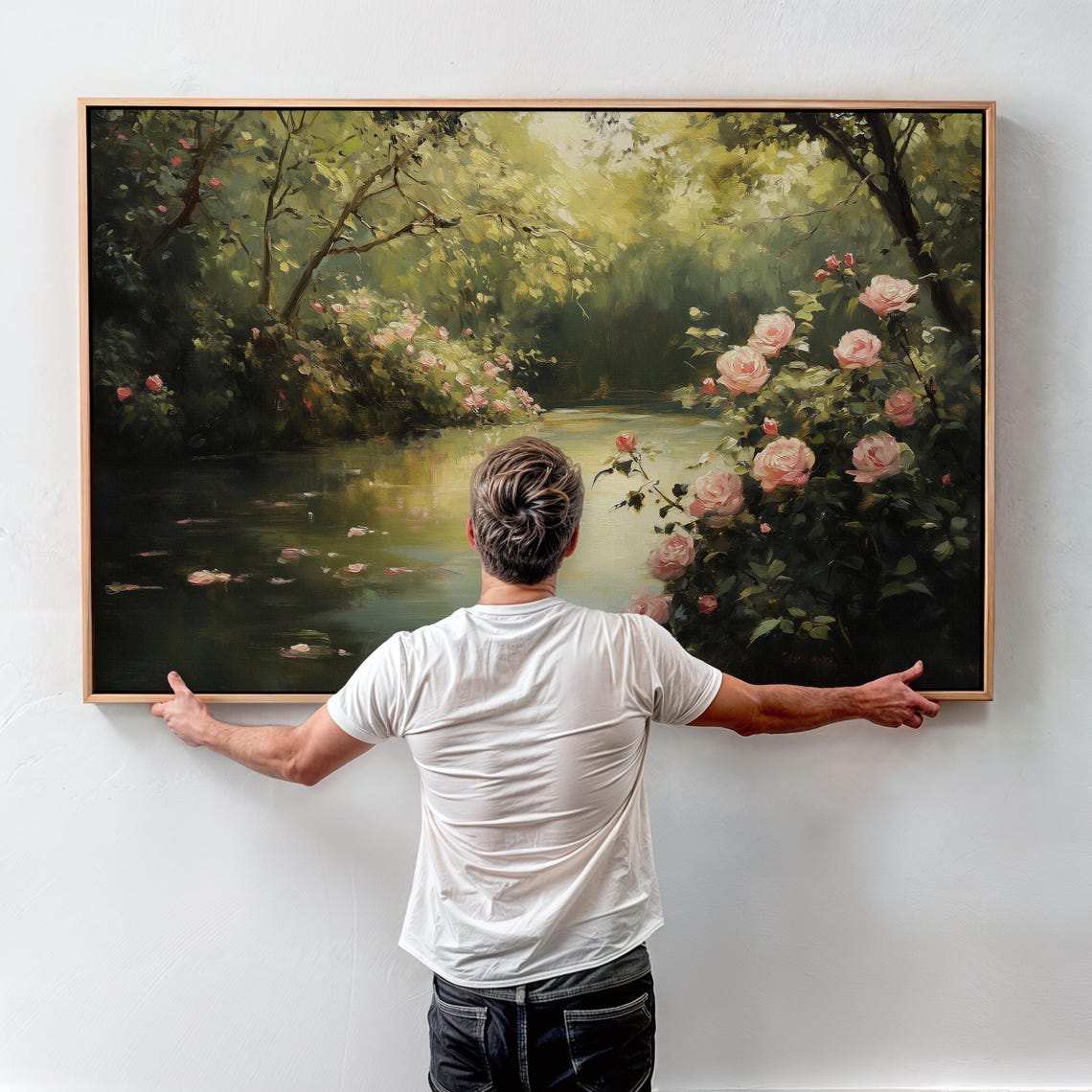 Pink Rose Garden Overhanging a Still Pond Impressionist Poster