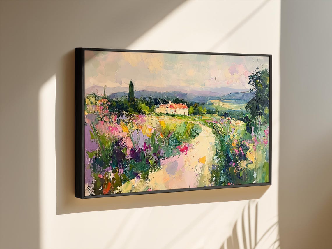 Wildflower Path Leading to a Sunlit Hillside Village Art Poster - Image 4