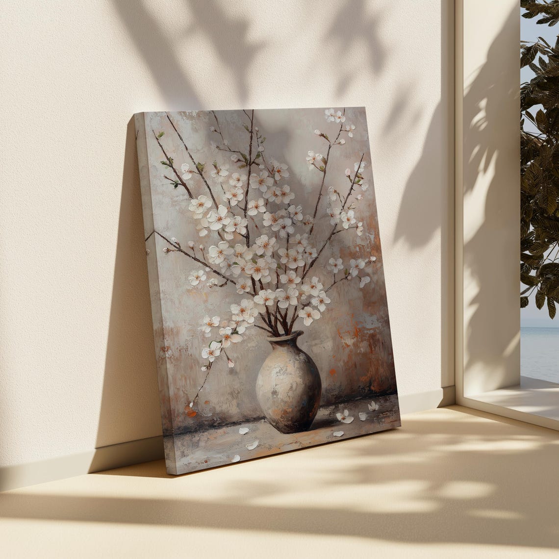 Elegant White Cherry Blossom Branches in Rustic Vase Still Life Poster - Image 4