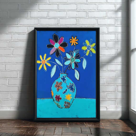 Bold Modern Colorful Daisy Bouquet Blue Background Floral Wall Poster