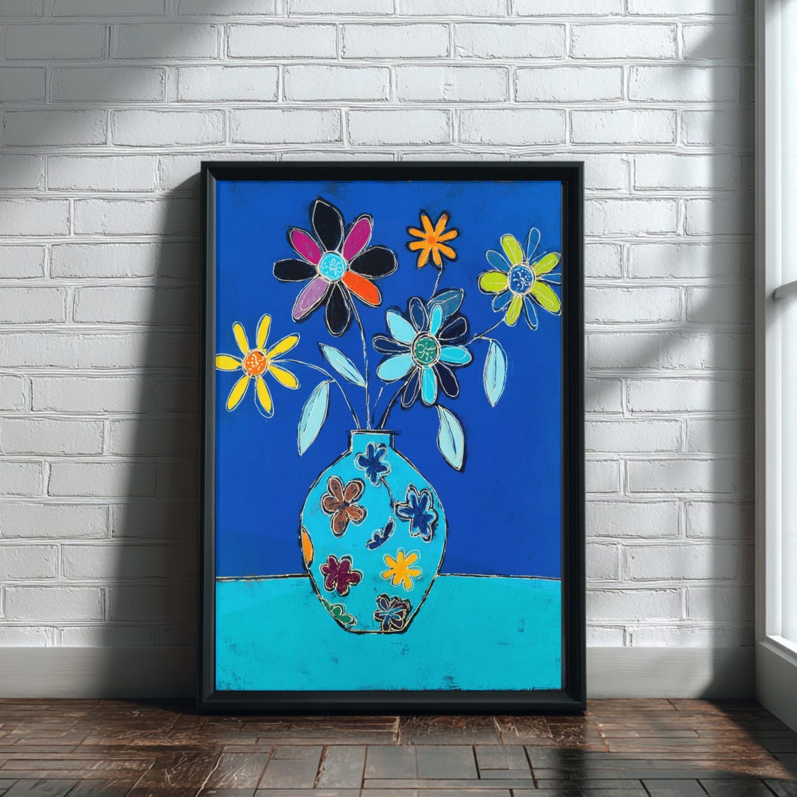 Bold Modern Colorful Daisy Bouquet Blue Background Floral Wall Poster