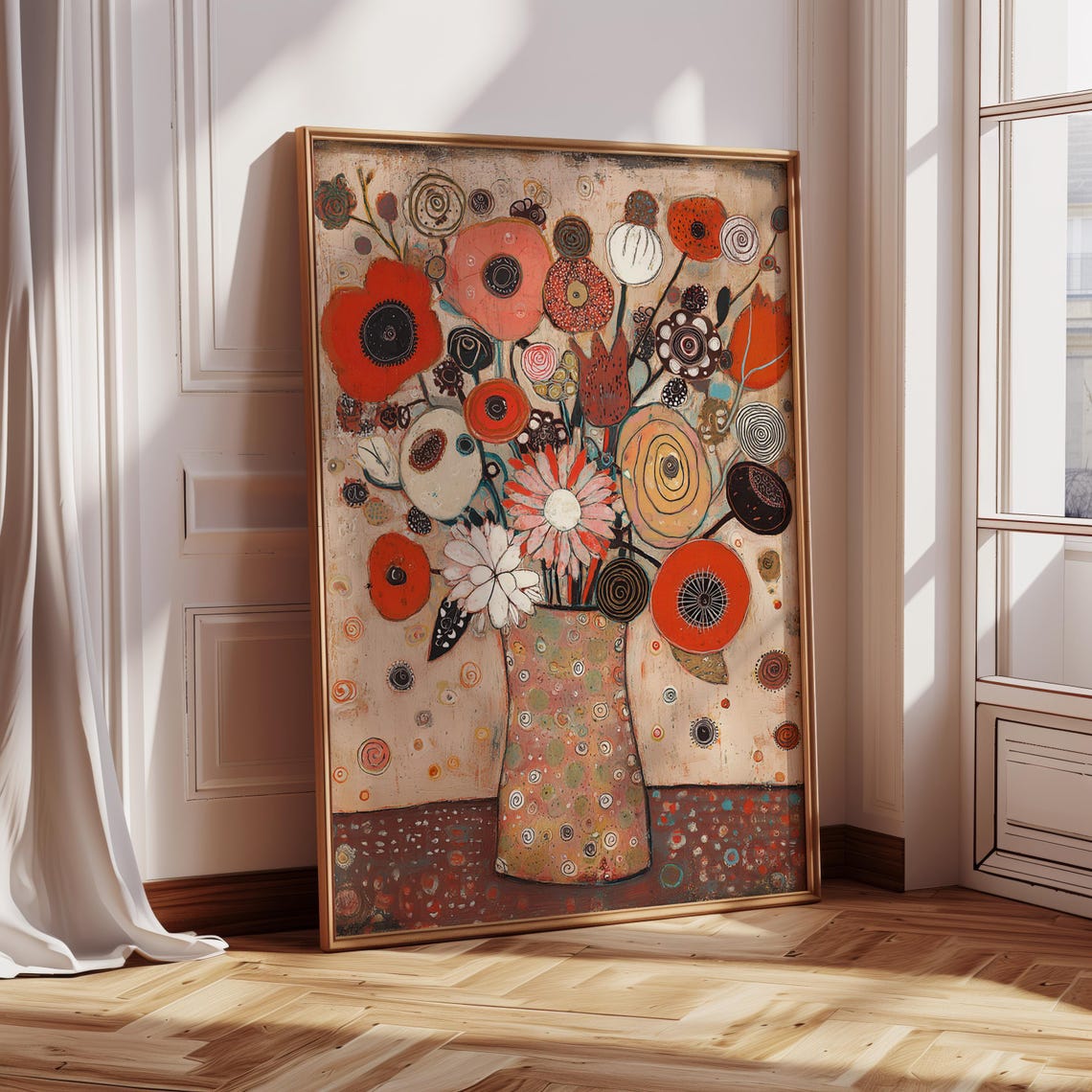 Whimsical Folk Art Blooms Dotted Vase Orange Pink Autumn Floral Poster