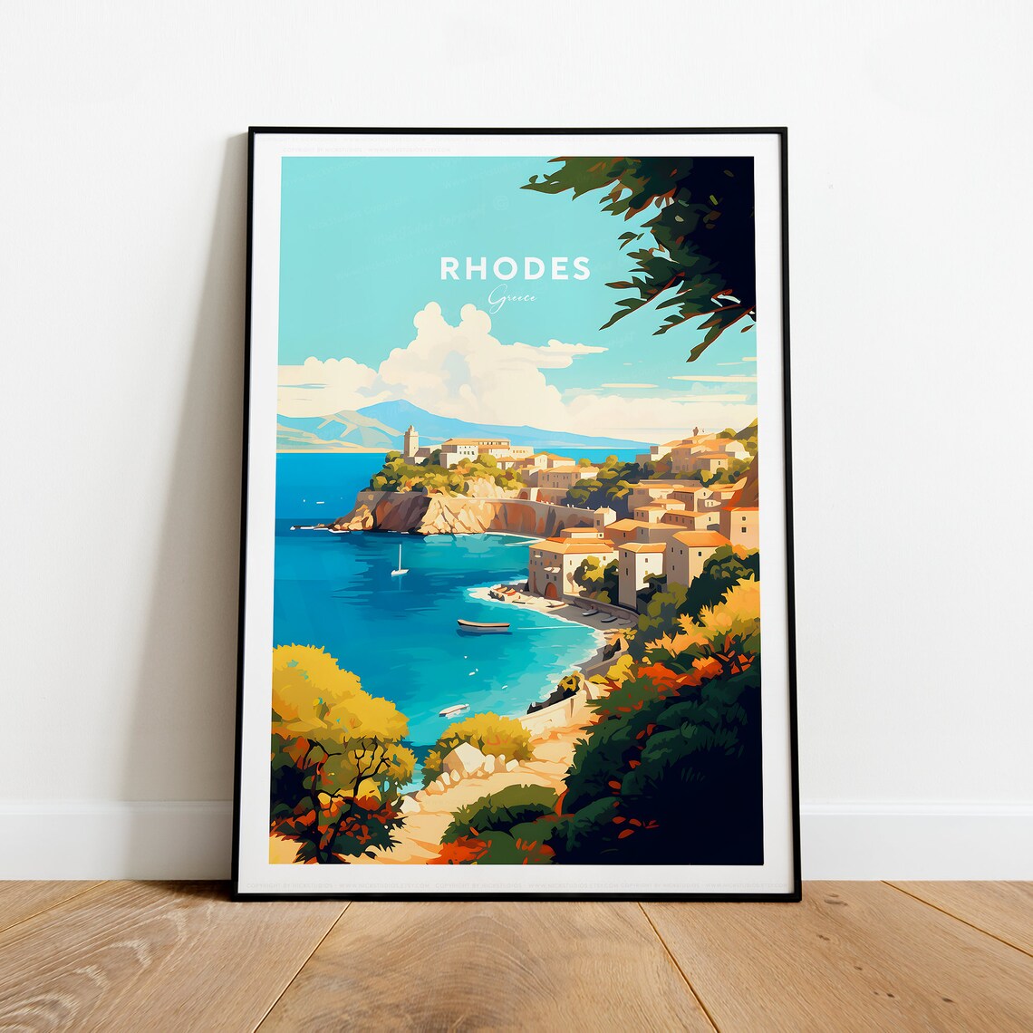 Rhodes Greece Coastal Old Town Sunlit Mediterranean Bay Poster - Image 2