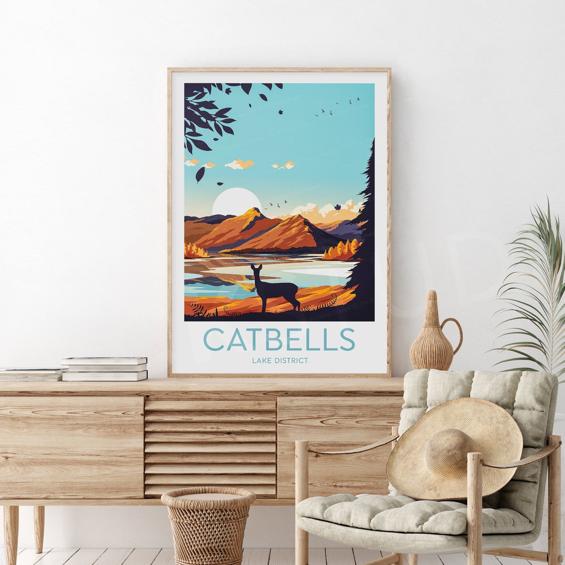 Catbells Lake District Golden Sunset Deer Lake Travel Poster - Image 2