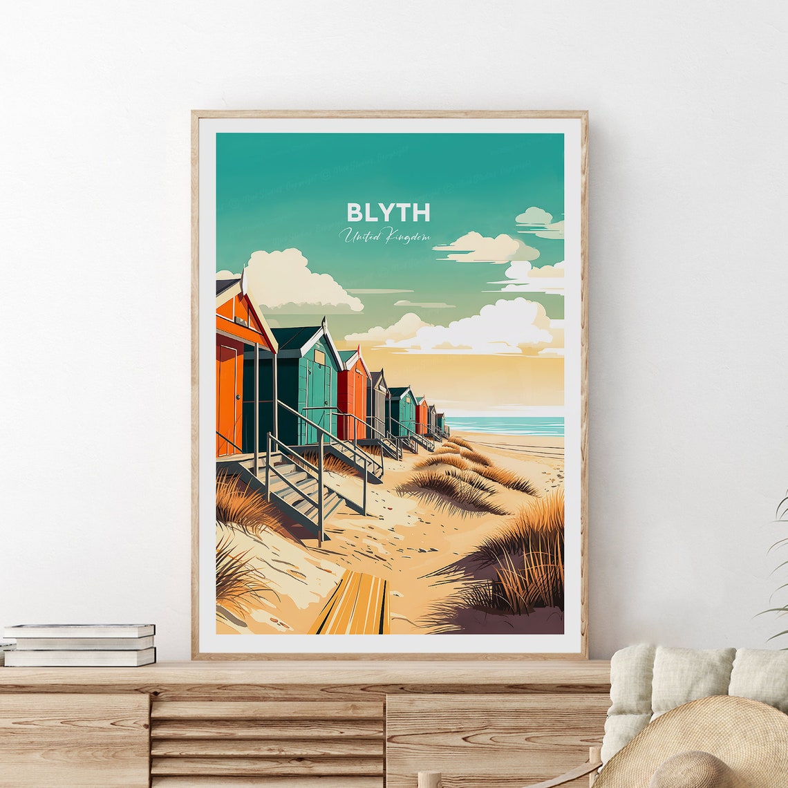 Blyth Beach Huts Travel Poster with British Seaside Dune Scene