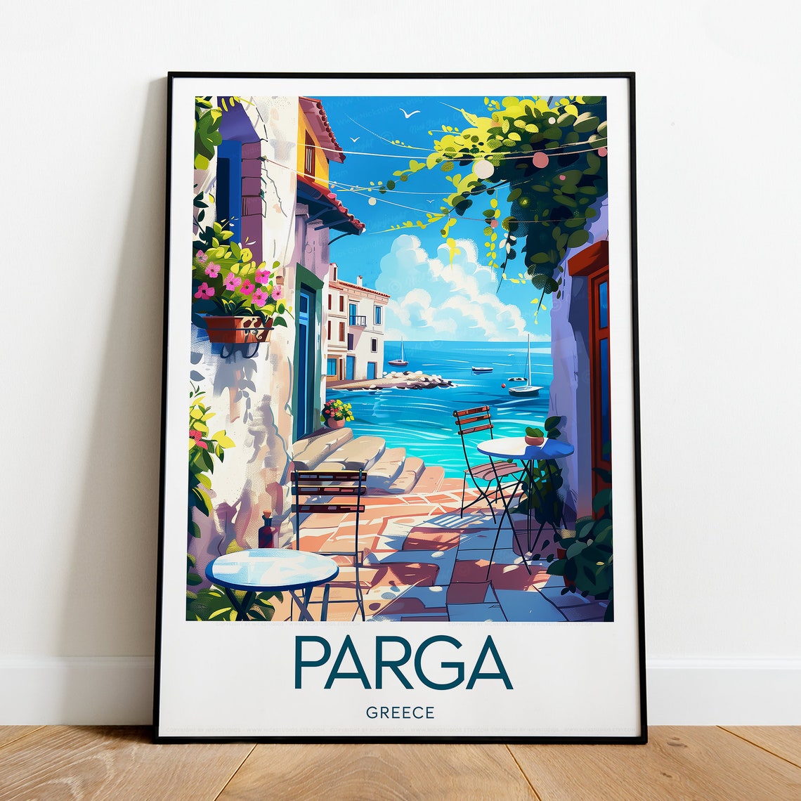 Parga Greece Seaside Alley Cafe Painterly Ionian Coast Poster