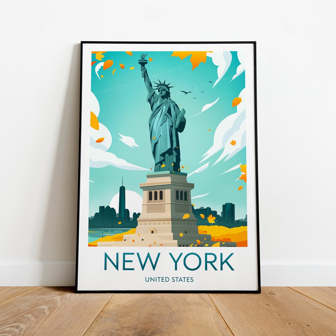 New York Statue of Liberty Autumn Skyline City Travel Poster