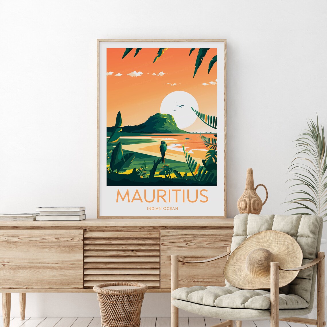 Mauritius Indian Ocean Sunset Beach Island Palm Travel Poster