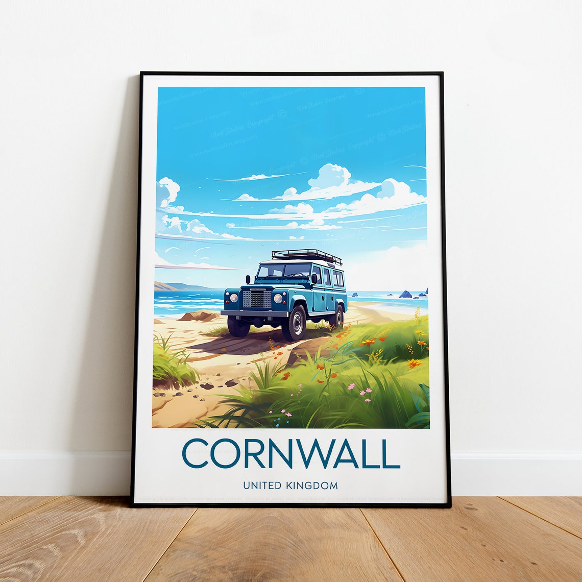 Cornwall United Kingdom Land Rover Coastal Beach Track Travel Poster
