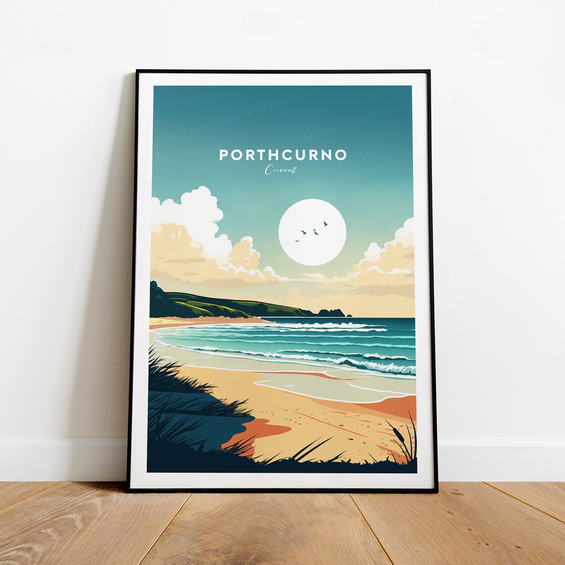 Porthcurno Cornwall Sunlit Beach Ocean Waves Coastal Travel Poster - Image 2