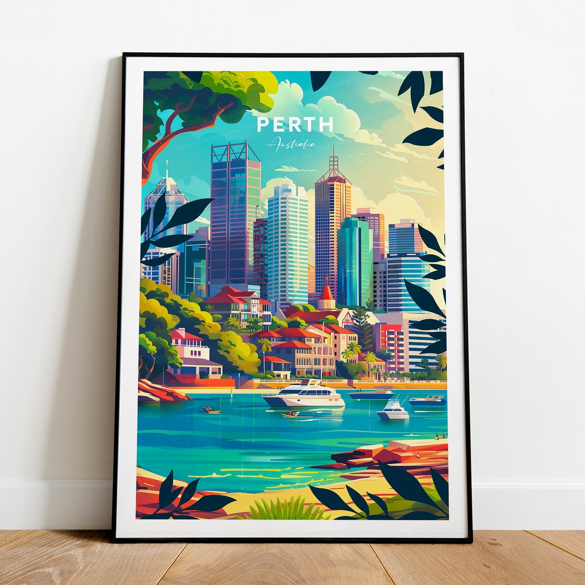 Perth Australia City Skyline Over the Water Sunset Travel Poster - Image 2