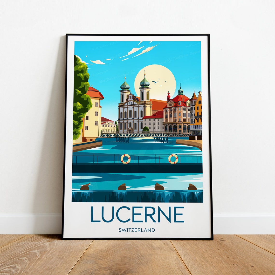 Lucerne Switzerland Riverside Churches Old Town Sunny Travel Poster