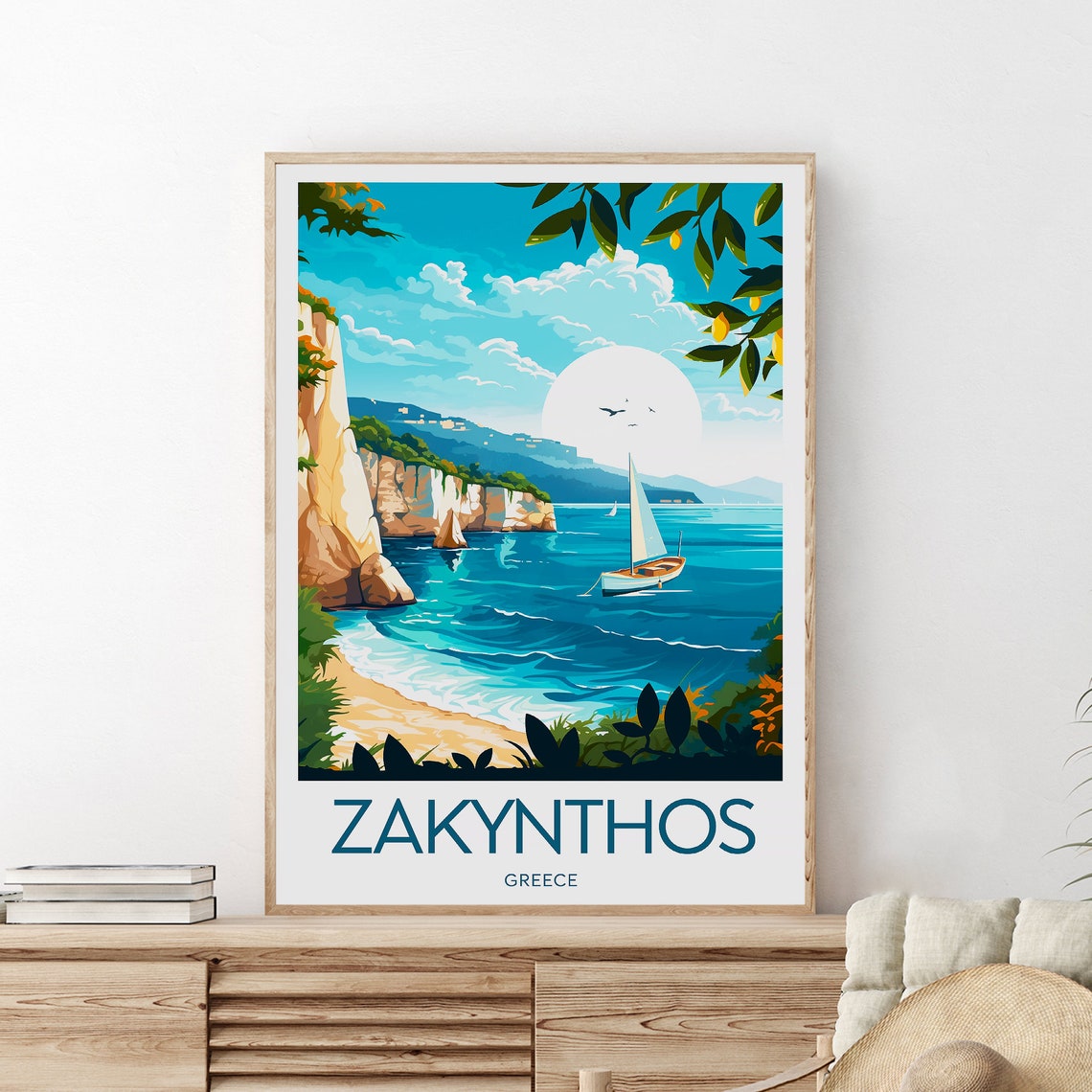 Zakynthos Greece Seaside Cliffs Sailboat Vintage Travel Poster - Image 2