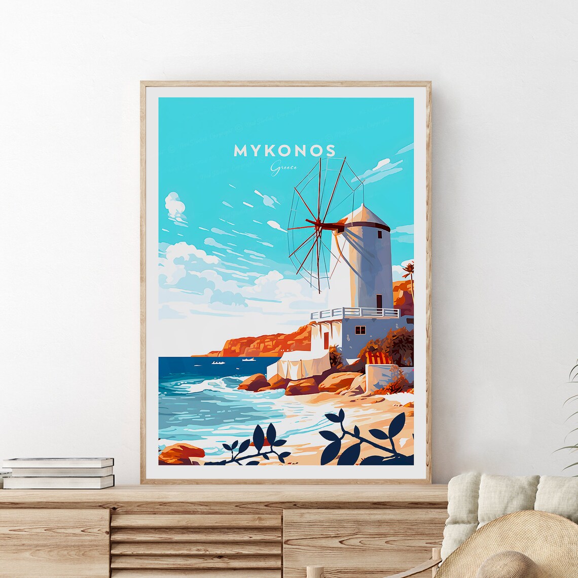 Mykonos Greece White Windmill by the Sea Travel Poster Island Art - Image 2