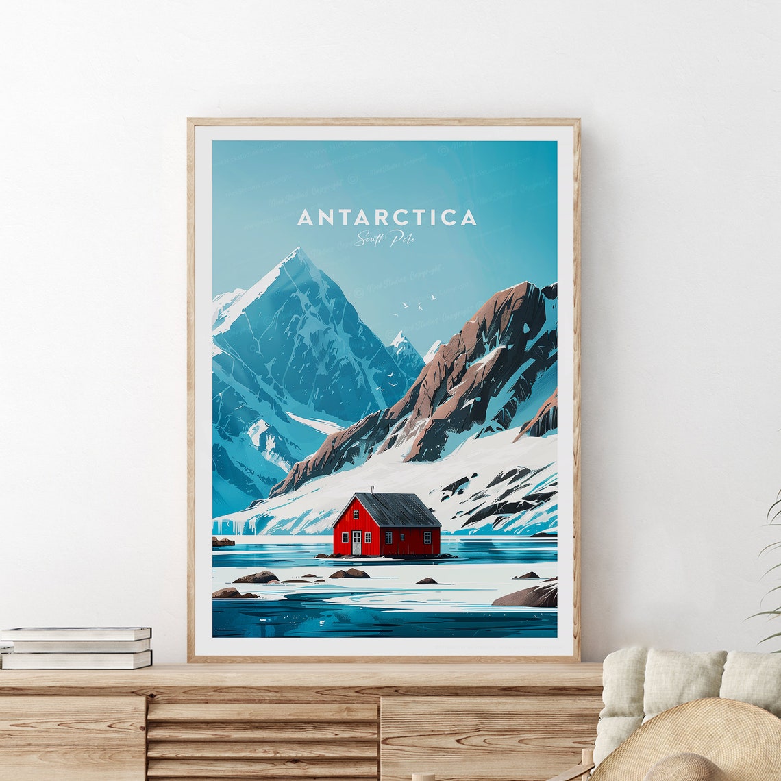 Remote Antarctica South Pole Red Cabin Snowy Peaks View Poster