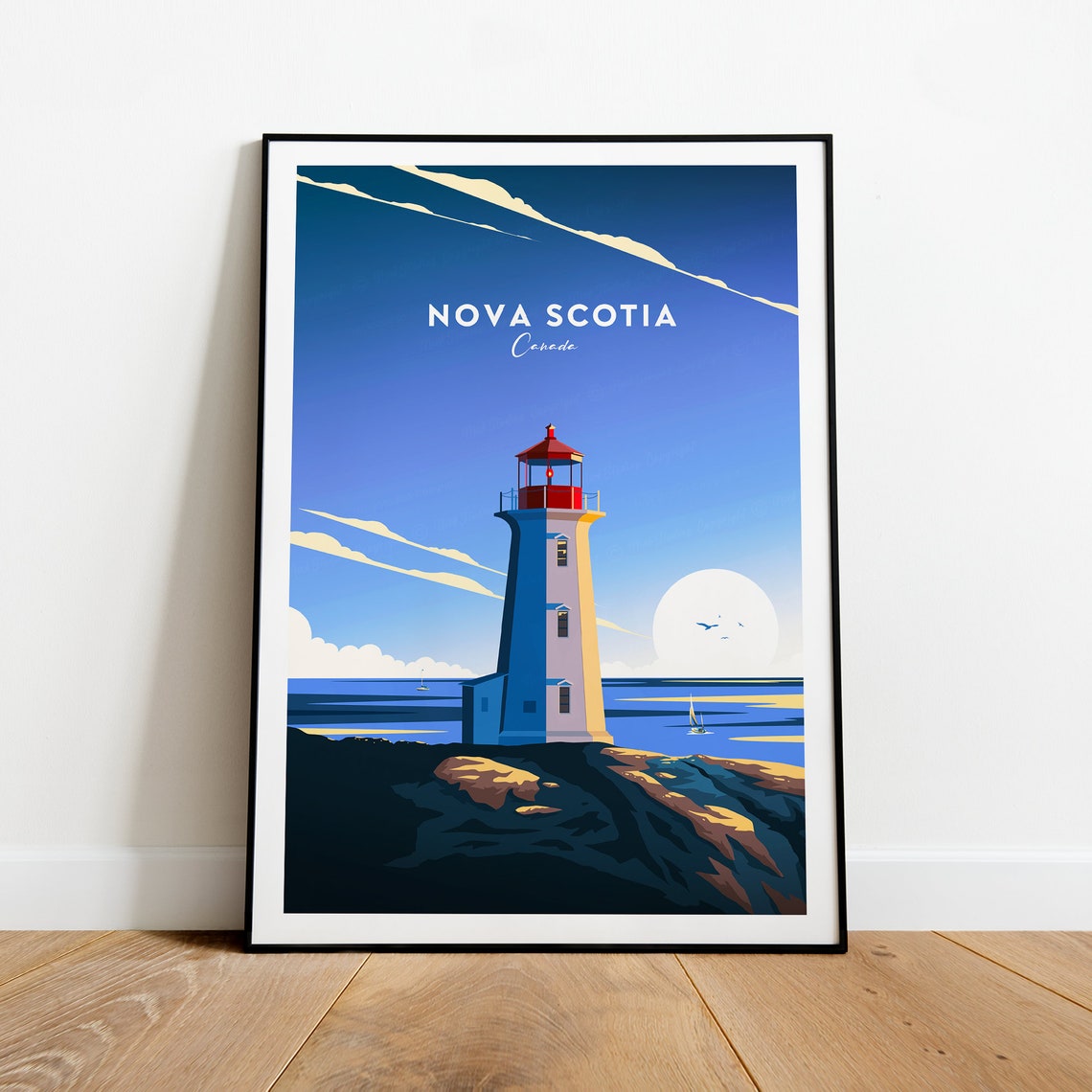 Nova Scotia Canada Coastal Lighthouse Golden Sunset Travel Poster
