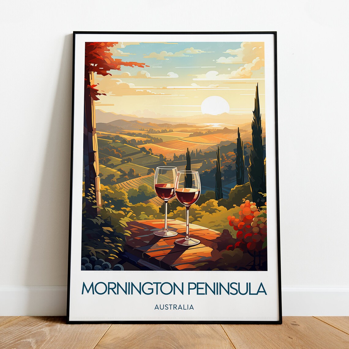 Mornington Peninsula Golden Autumn Sunset with Wine Glasses Poster - Image 2