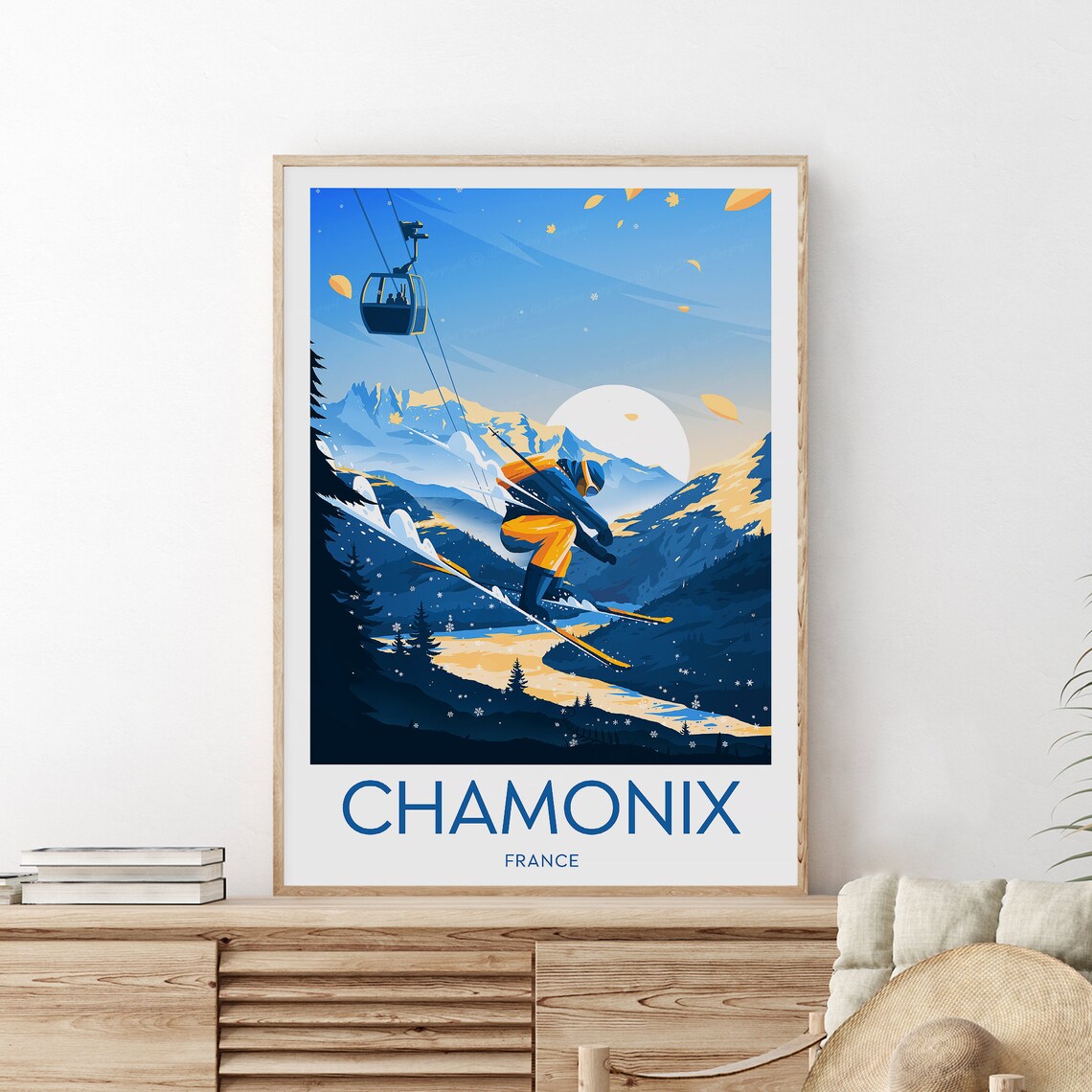 Chamonix France Ski Jumper Alpine Sunset Vintage Travel Poster