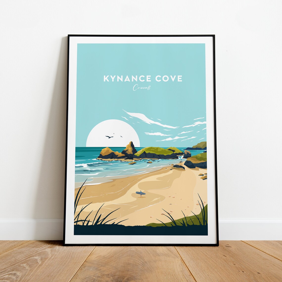 Kynance Cove Cornwall Rocky Headland and Surfer Beach Travel Poster