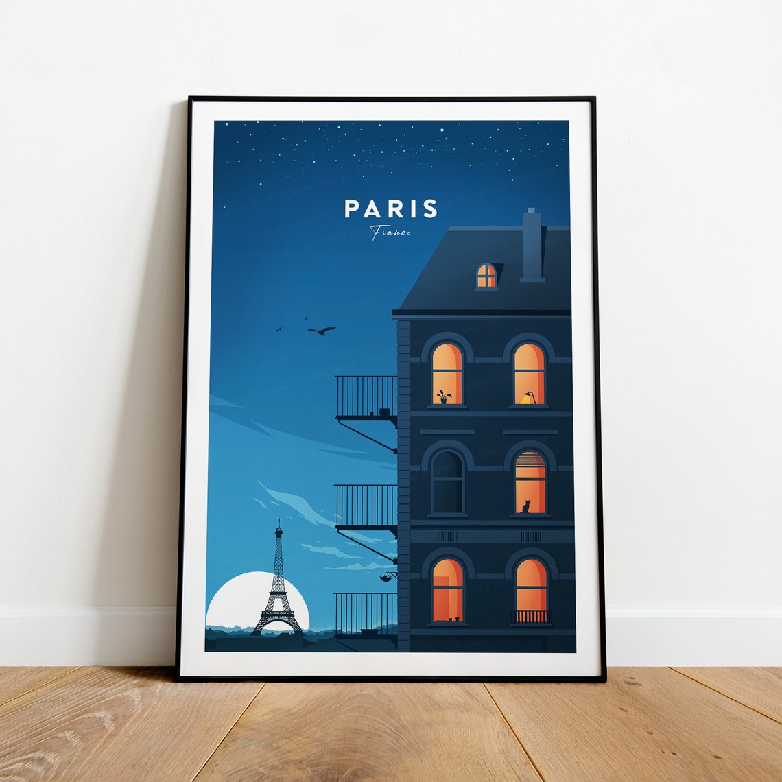 Paris France Night Building Eiffel Tower Moon Cityscape Poster - Image 2
