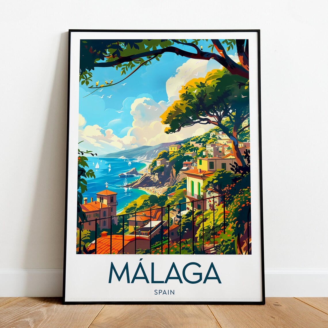 Malaga Spain Hillside Coastal Town With Sailboats On The Bay Poster