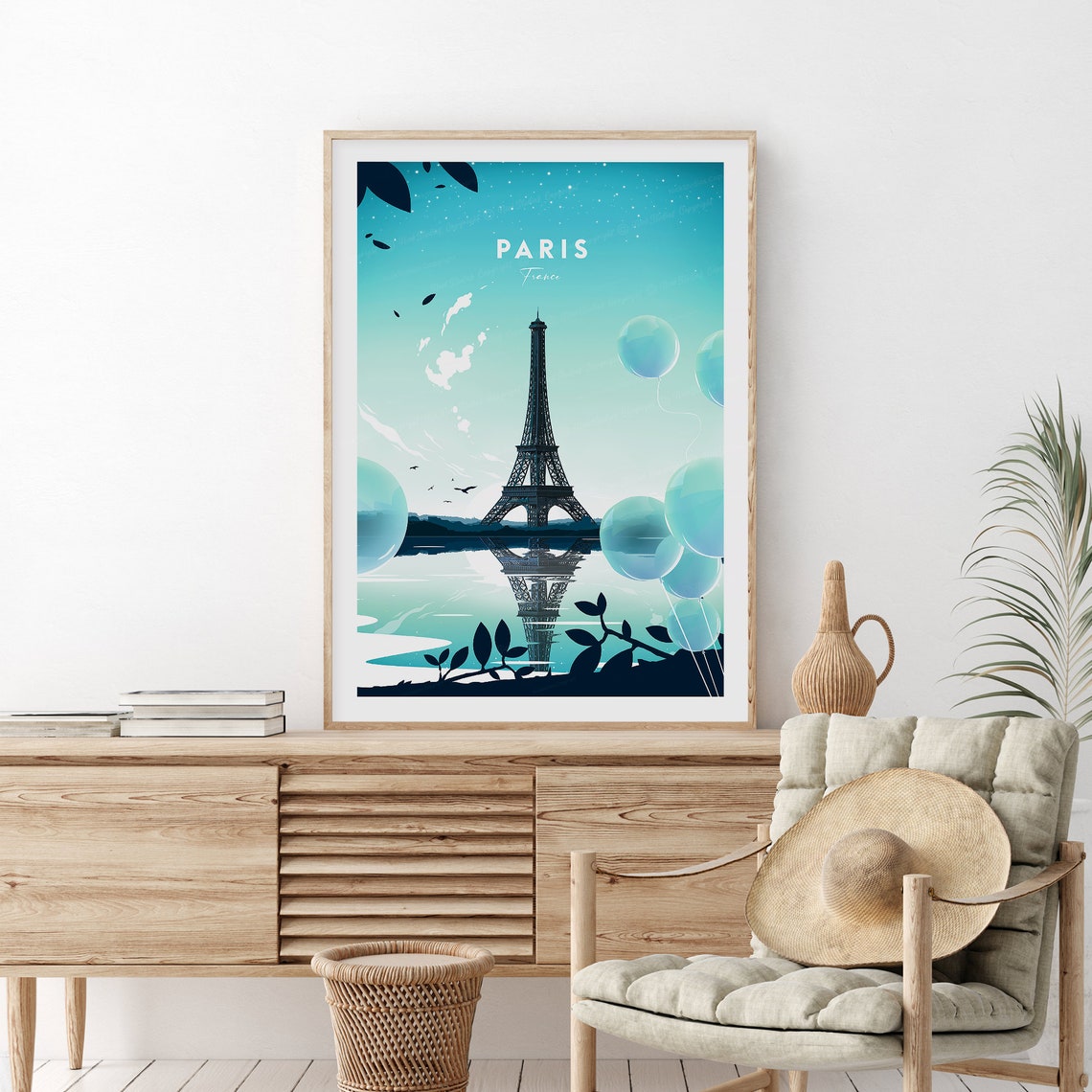 Paris France Eiffel Tower Balloons Reflection Teal Art Poster