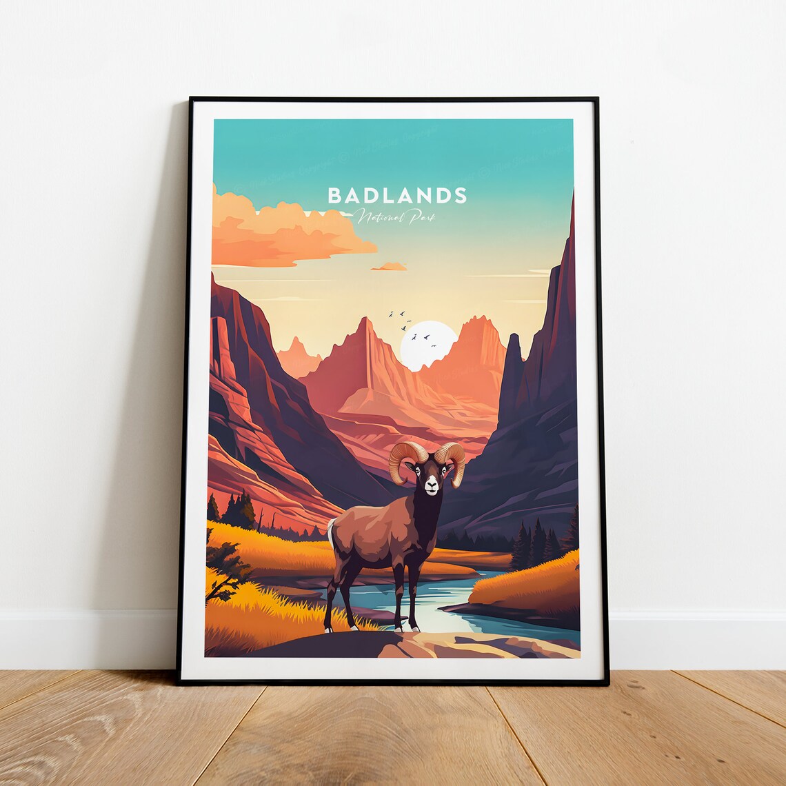 Badlands National Park Bighorn Sheep Canyon Sunset Travel Poster - Image 2