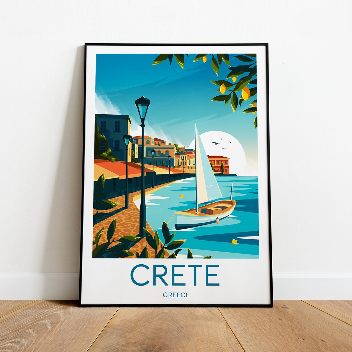 Crete Greece Sailboat Harbor Lemon Trees Sunny Promenade Travel Poster