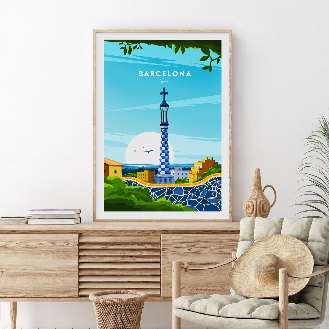 Barcelona Spain Park Guell Mosaic Terrace Tower Landmark Poster