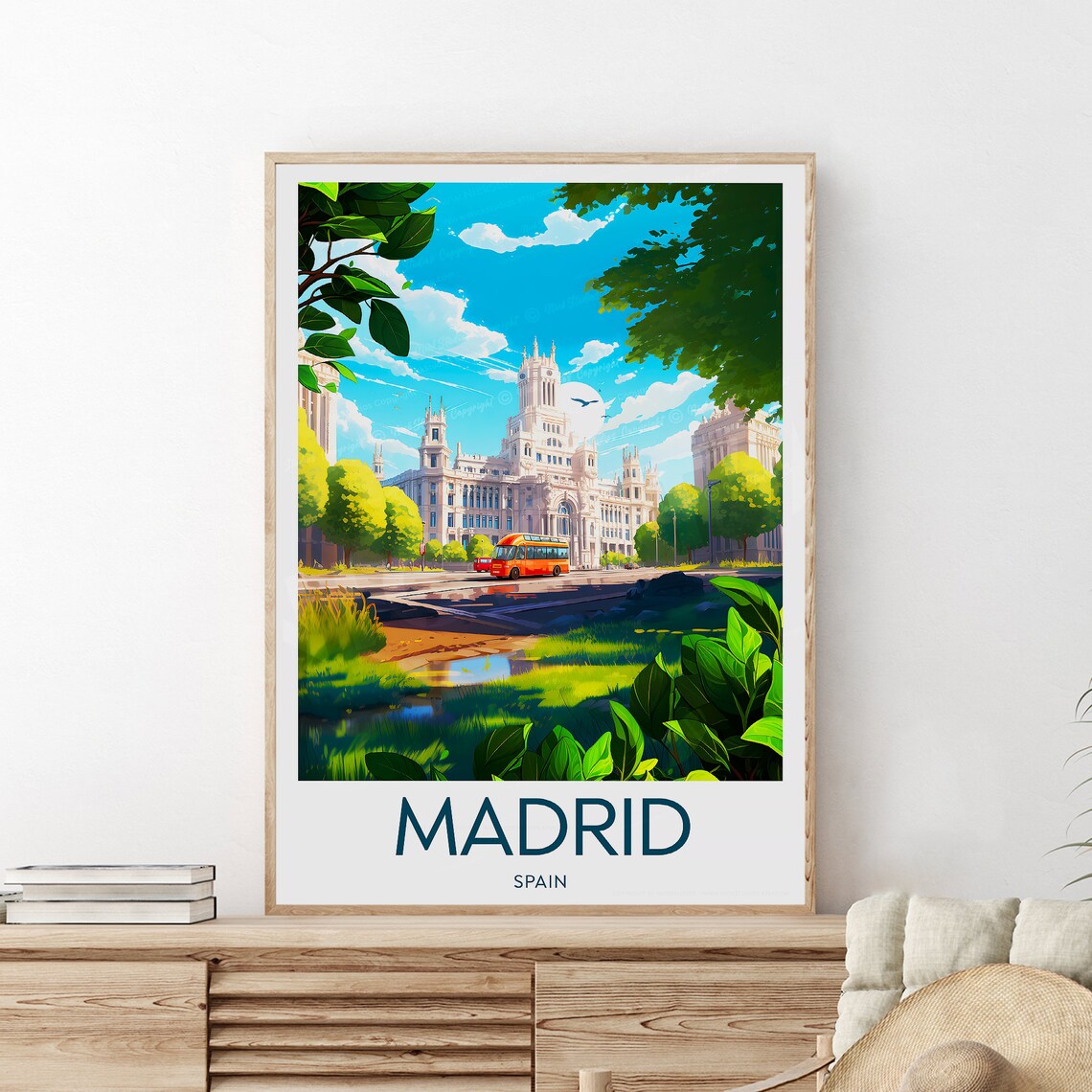 Madrid Spain Cibeles Palace Plaza Red Bus City Travel Poster