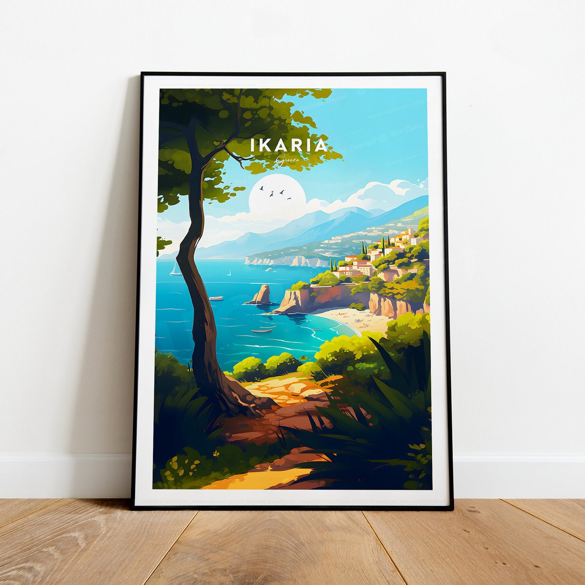 Ikaria Greece Island Coastal Cliffs Travel Poster with Blue Sea