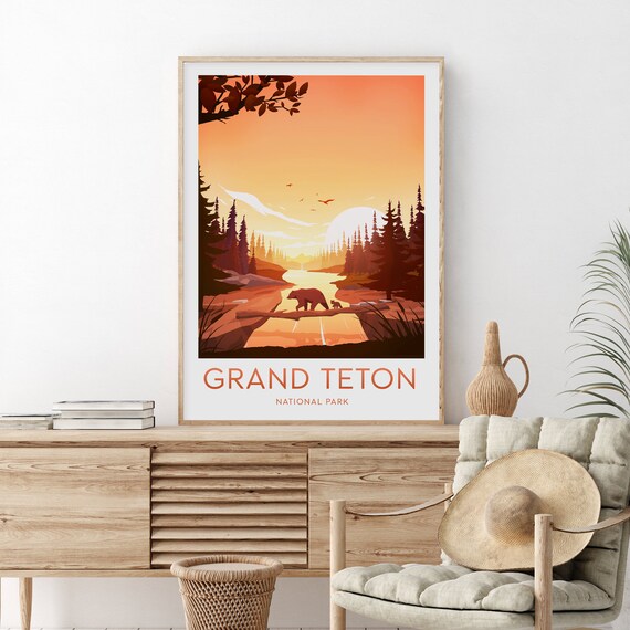 Grand Teton Sunset Bear and Cub Crossing the River National Park Poster