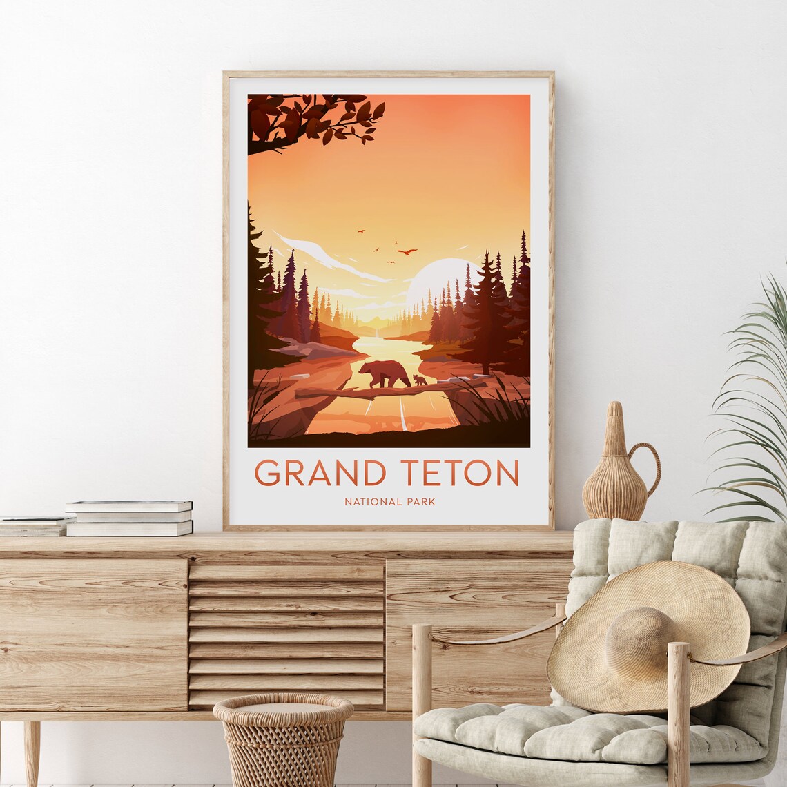Grand Teton Sunset Bear and Cub Crossing the River National Park Poster