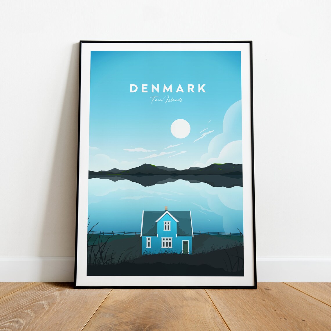 Faroe Islands Denmark Nordic Cottage Fjord Retro Travel Poster