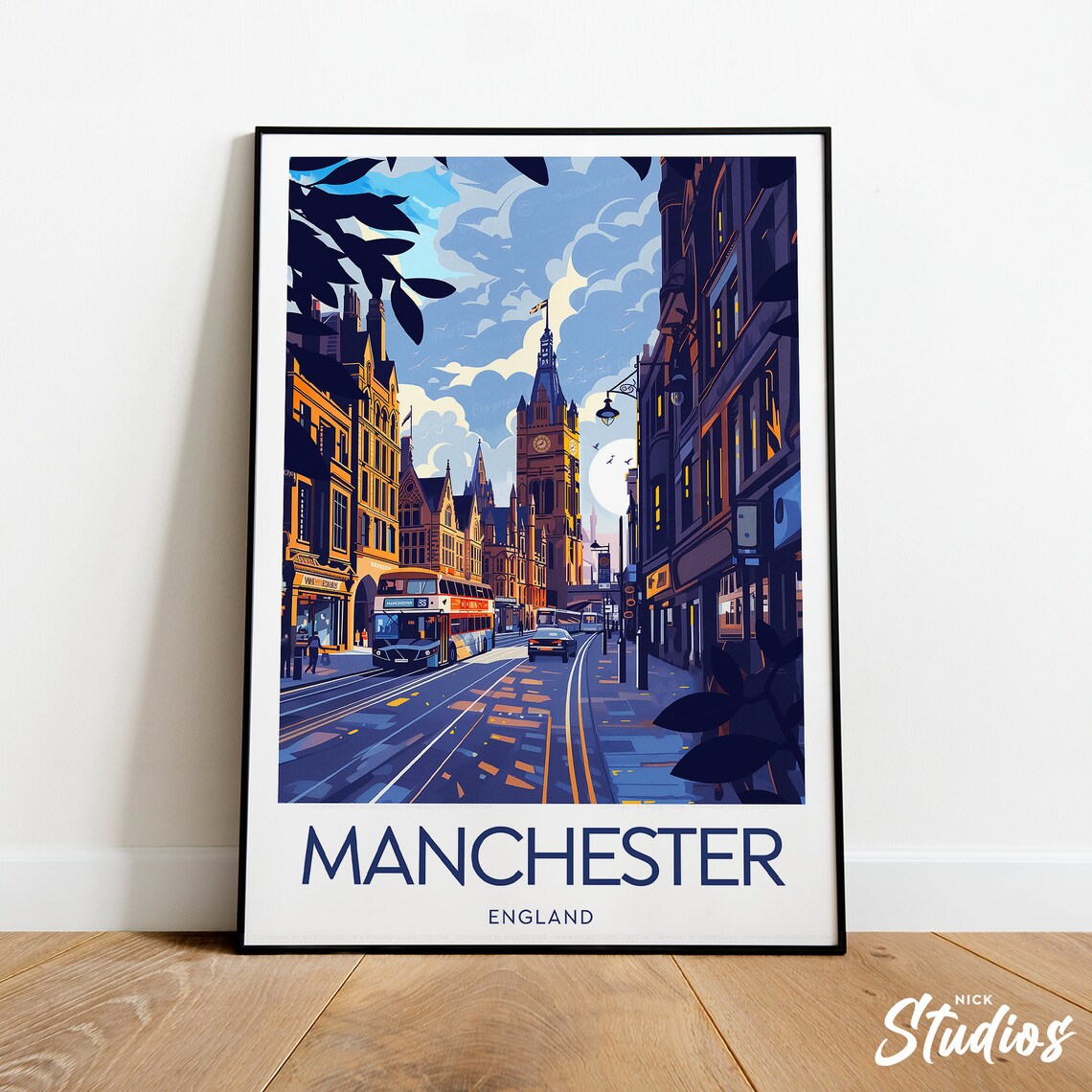 Manchester England Clock Tower Busy Street Night Travel Poster
