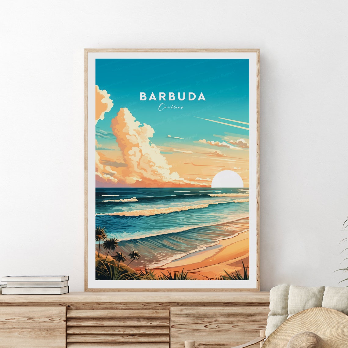 Barbuda Caribbean Sunset Beach Palms Rolling Waves Travel Poster - Image 2