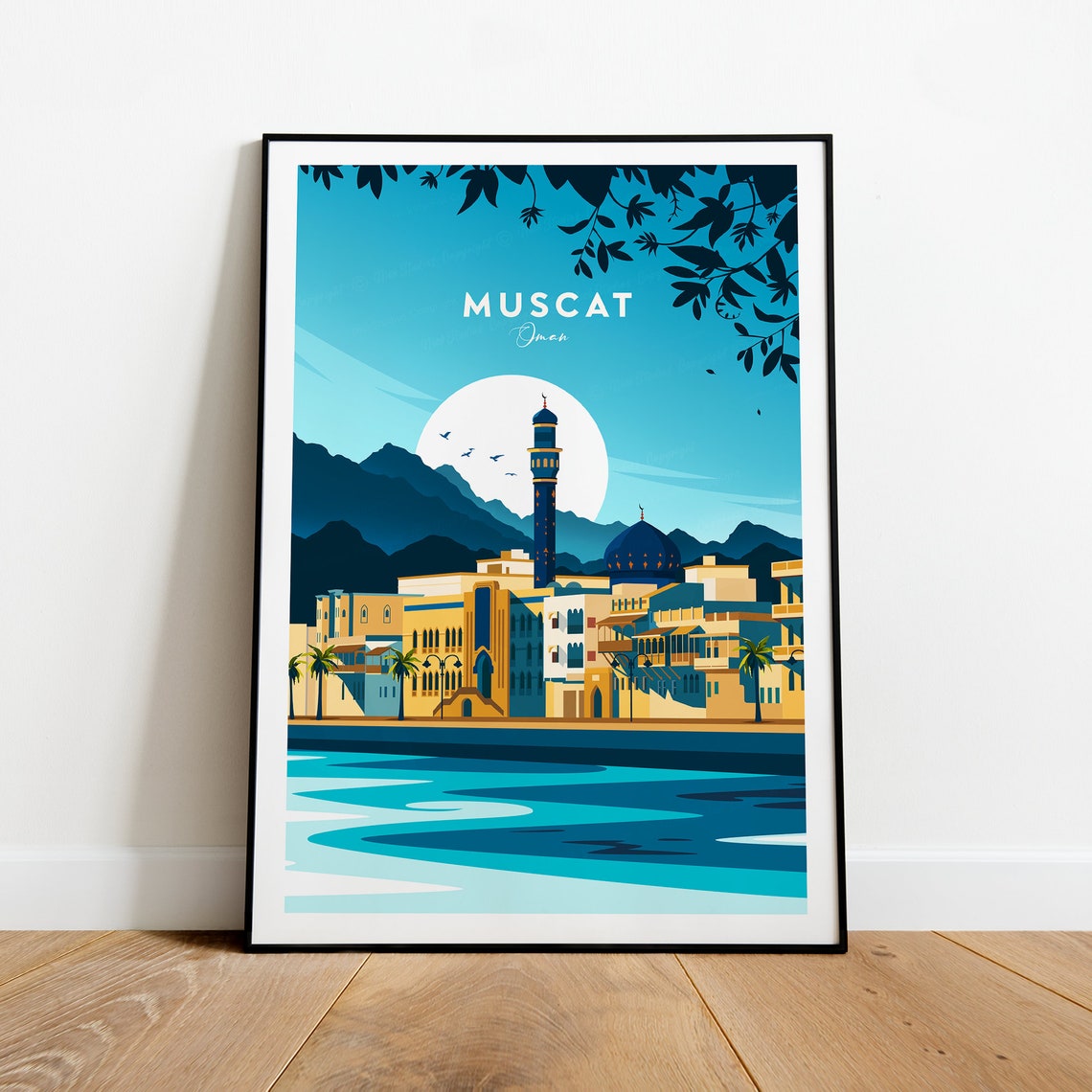 Muscat Oman Waterfront Mosque Minaret Harbor Mountains Dusk Poster
