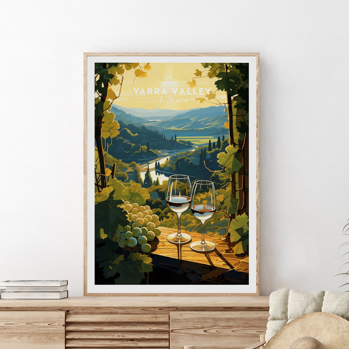 Yarra Valley White Wine Glasses Over Golden Vineyard Hills Poster