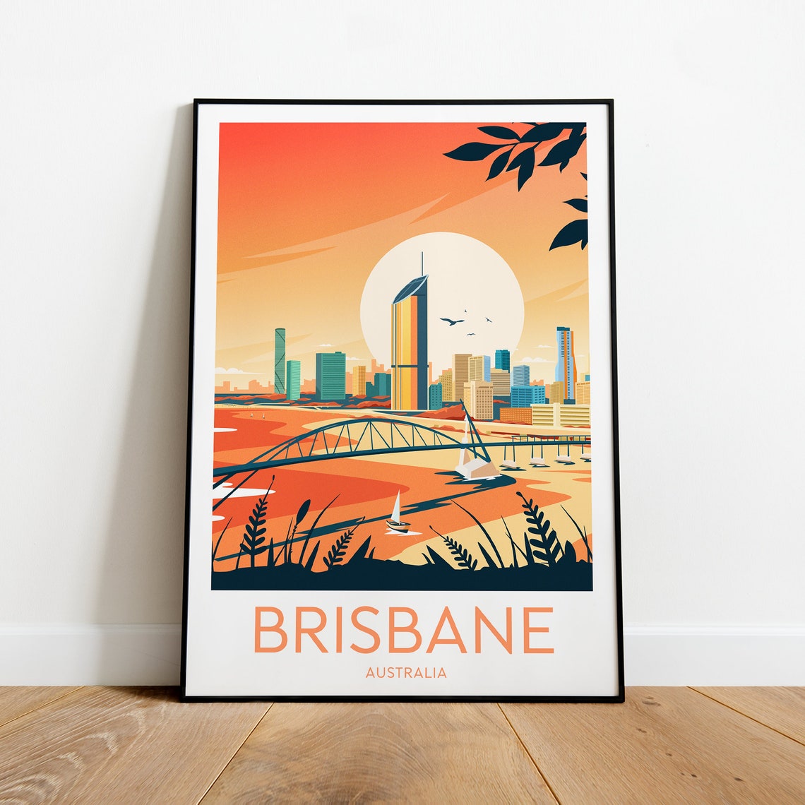 Brisbane Australia Evening City Skyline River Sunset Bridge Poster