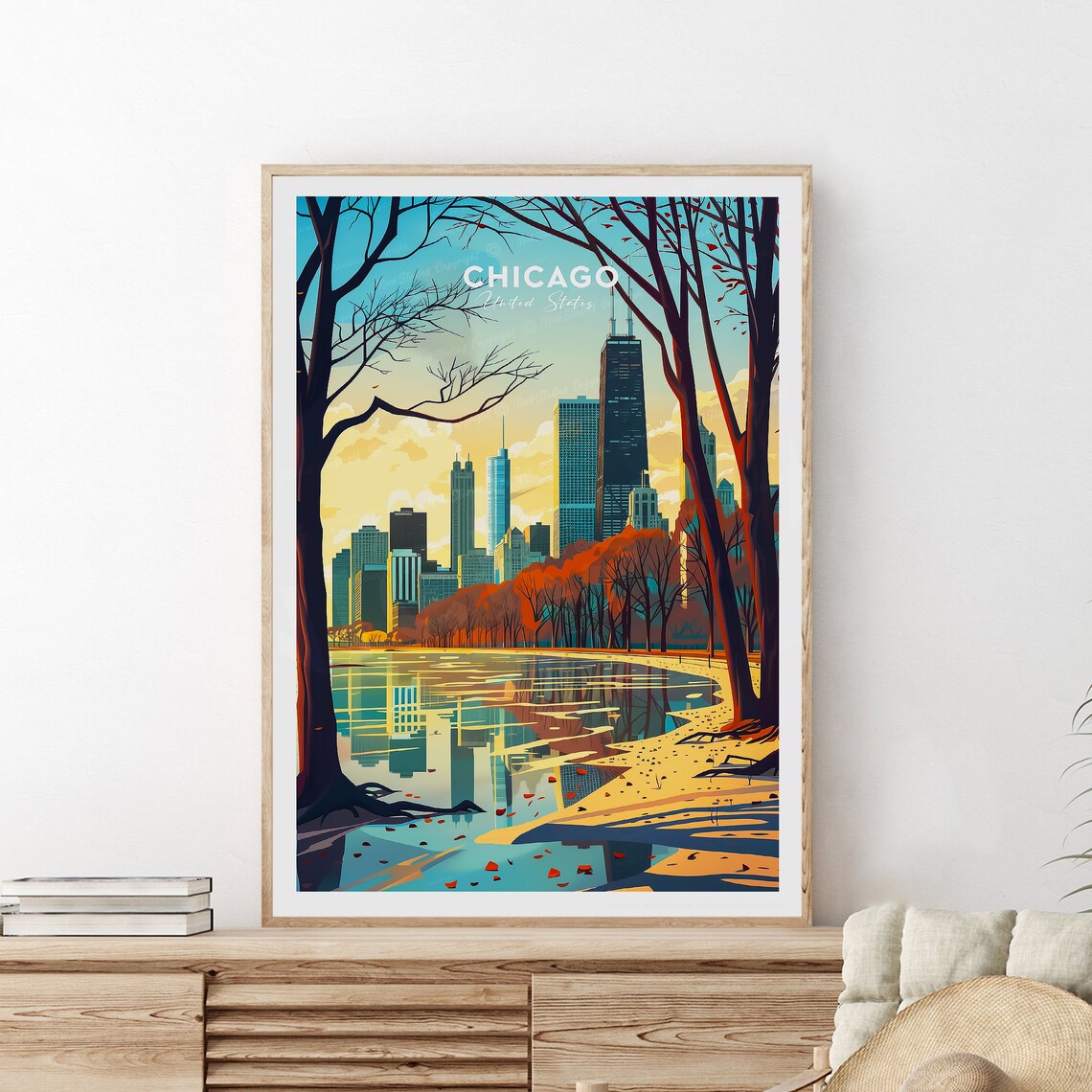 Chicago United States Skyline Autumn Trees Reflecting Lake Poster - Image 2