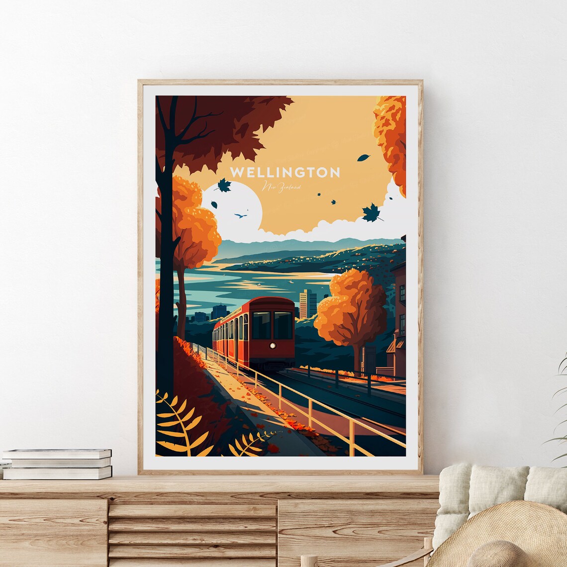 Wellington New Zealand Cable Car Autumn Sunset Harbour Travel Poster