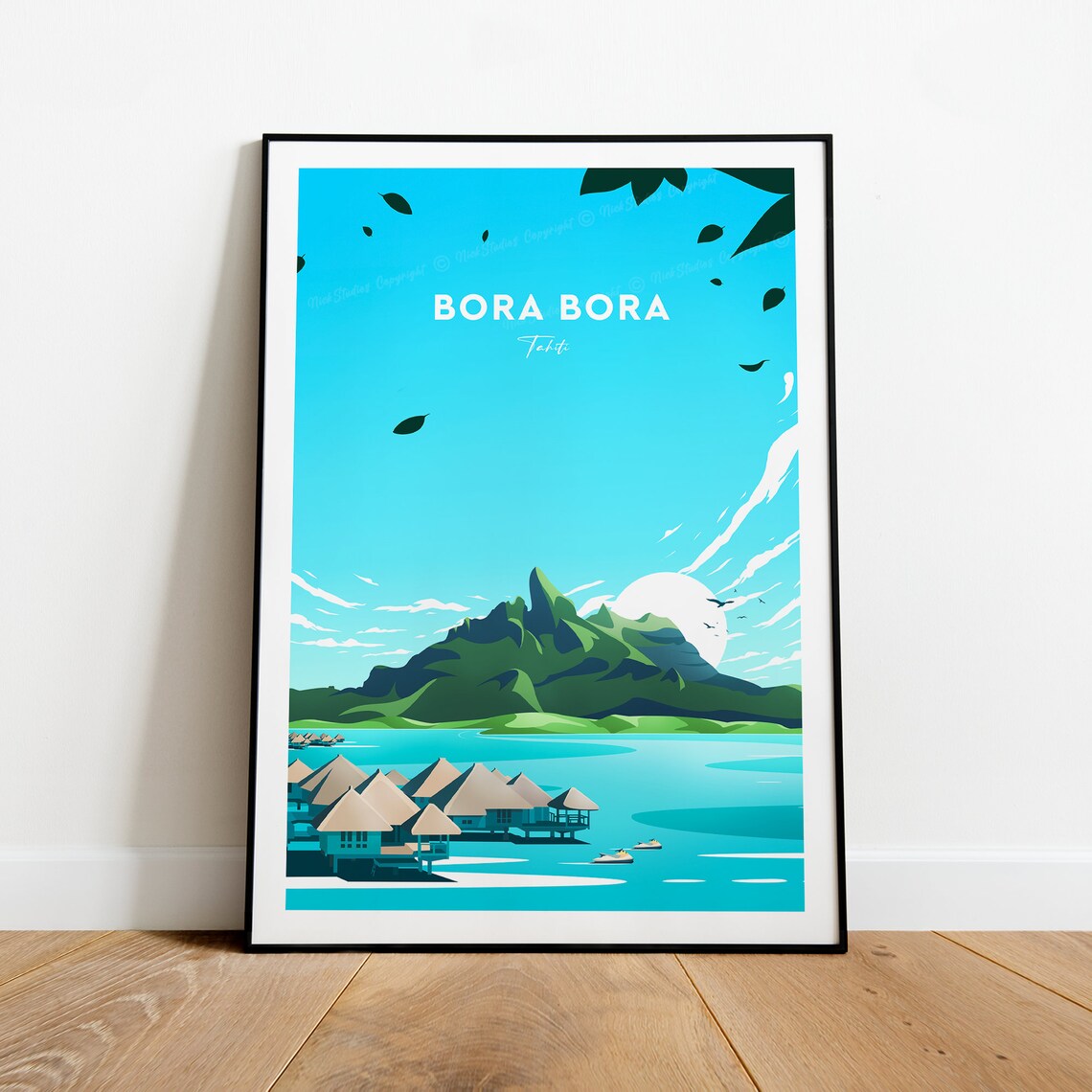 Bora Bora Tahiti Overwater Bungalows Lagoon Mountain Travel Poster